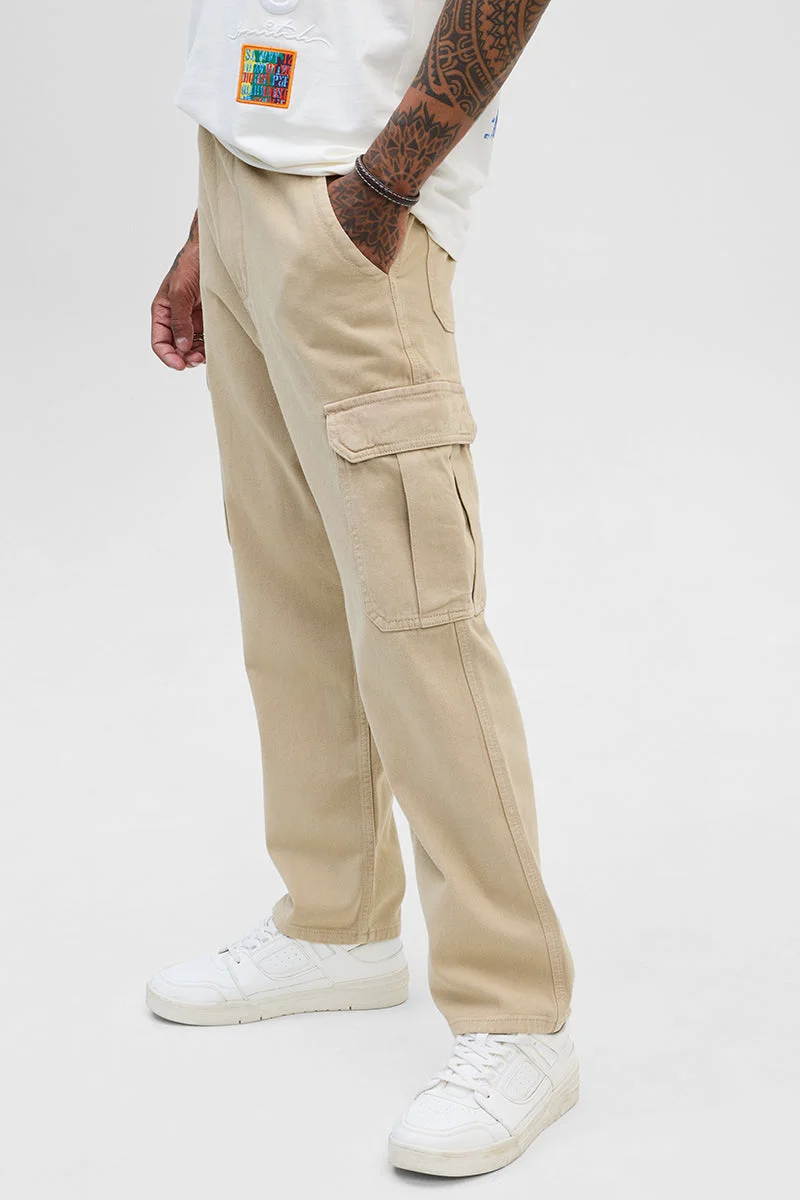 Snitch  Beige Comfort Fit Pull On Cargo Jeans for Men | Best Price UAE